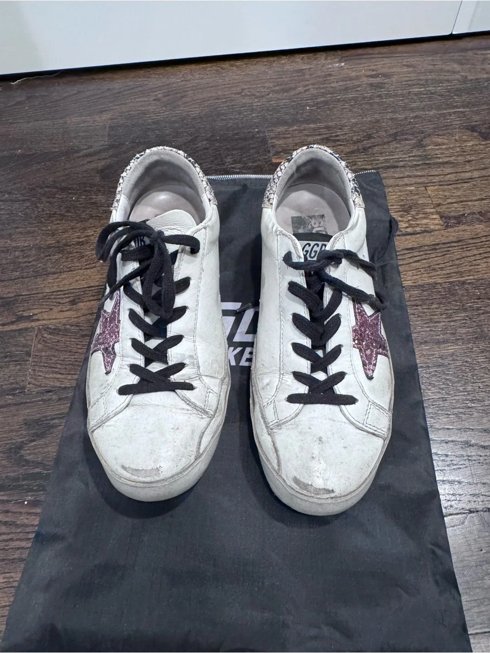 Golden Goose White Sneakers with Pink Star and Black Laces